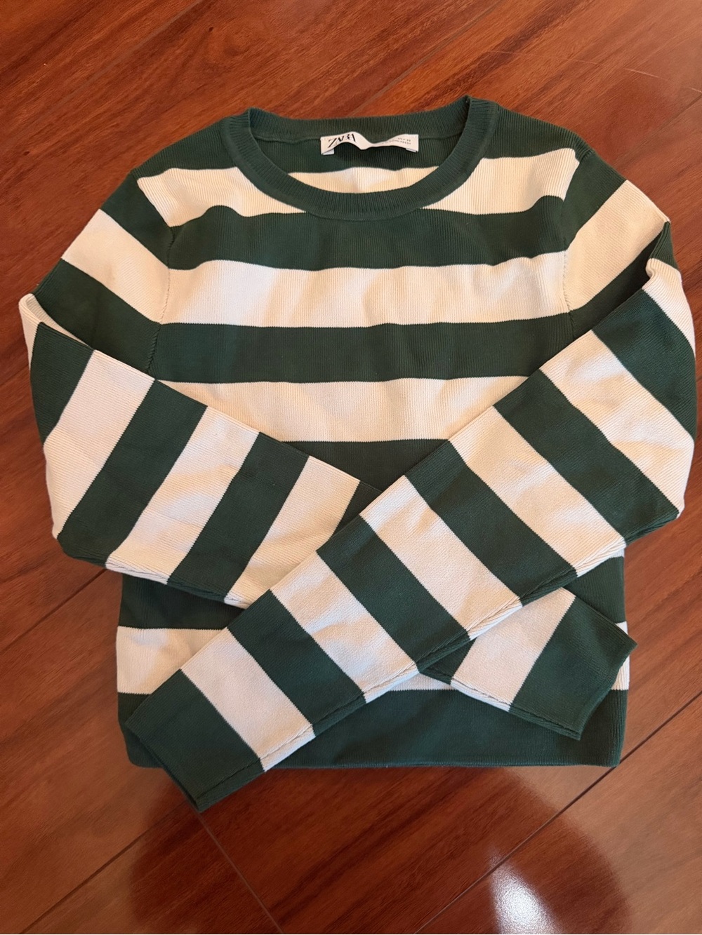 Zara Green Striped Crewneck Sweater